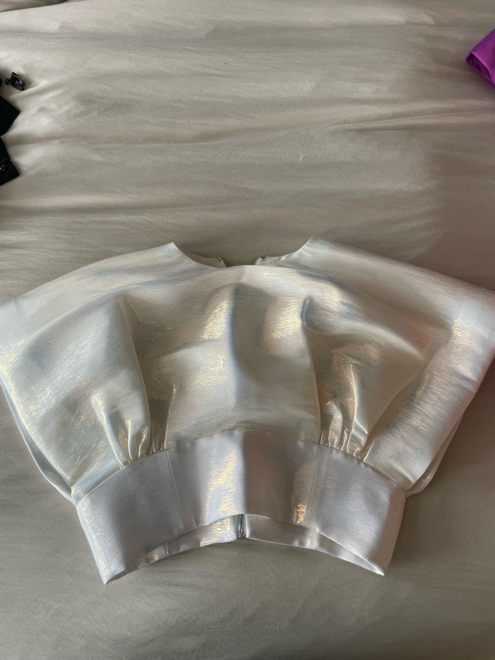 Christopher John Rogers Iridescent Ivory Puff Sleeve Crop Top
